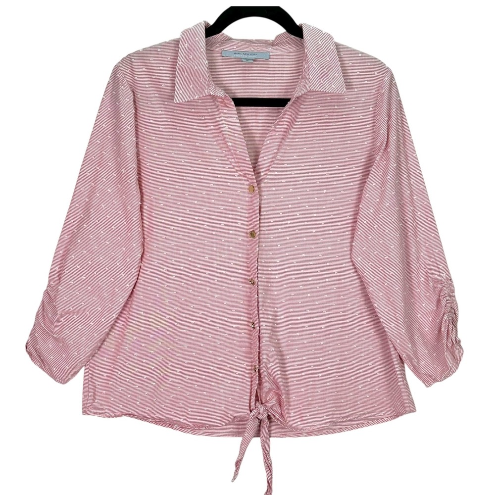 Marc New York Andrew Marc Red White Stripe Clip Dot Tie Front Shirt Womens M